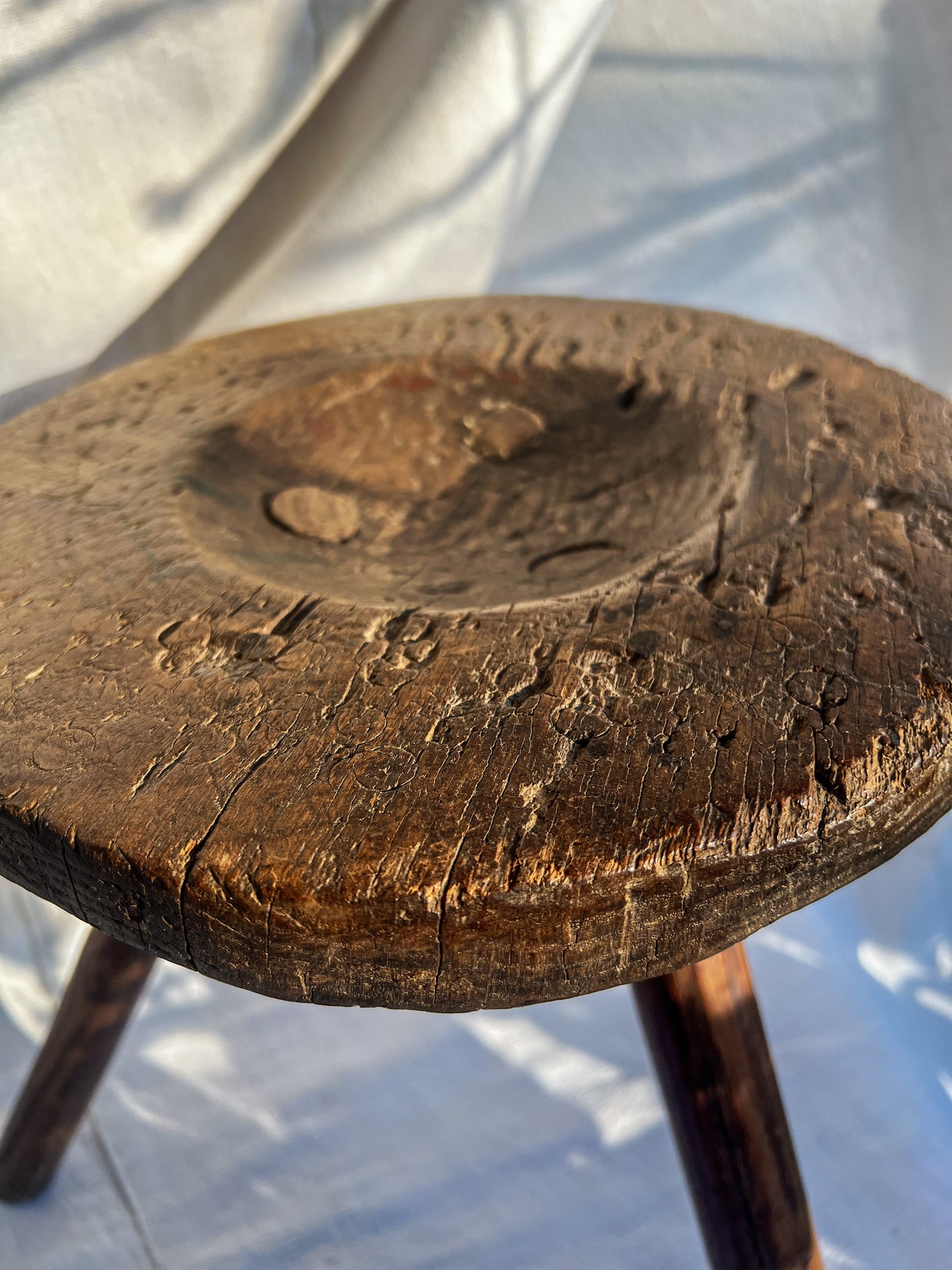 Handmade Wooden Milking Stool – Pyrenees, 19th Century