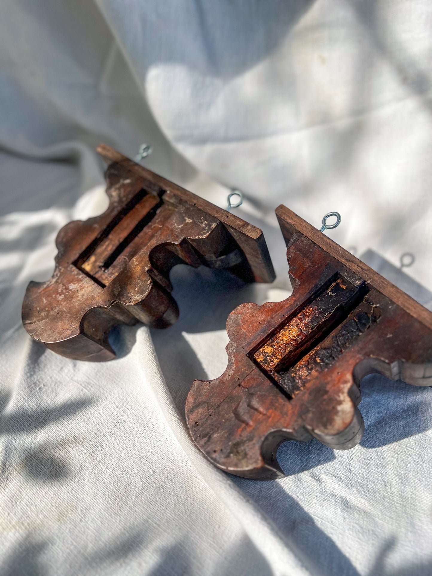 Pair of Hand Carved Wooden Wall Shelves