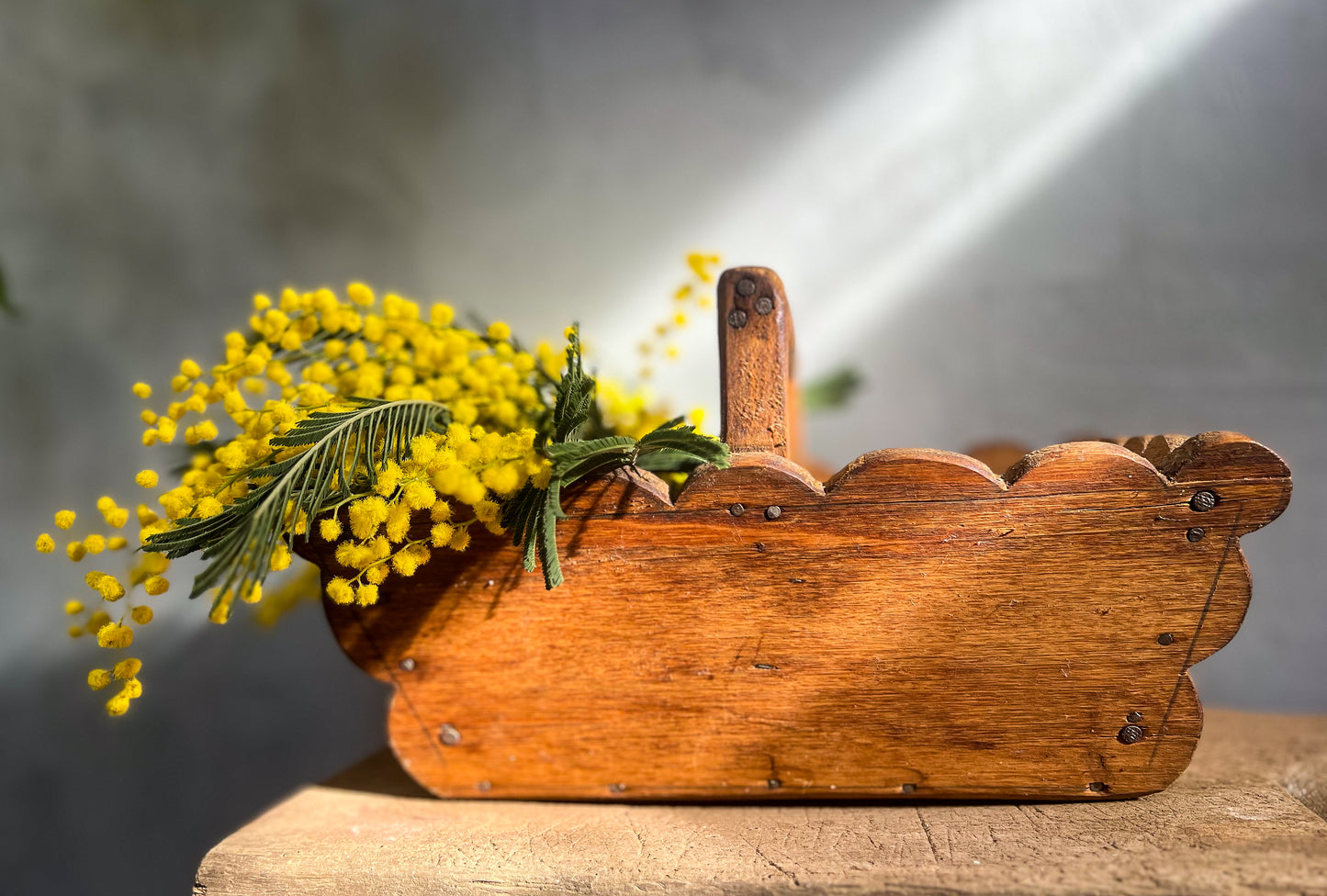 Rustic Handcrafted Scalloped Wooden Basket with Handle