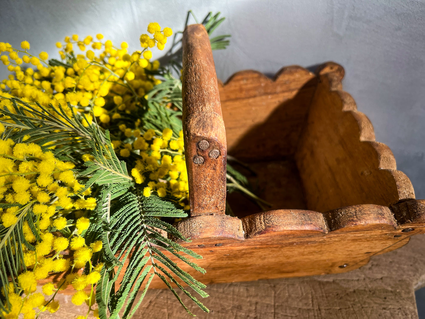 Rustic Handcrafted Scalloped Wooden Basket with Handle