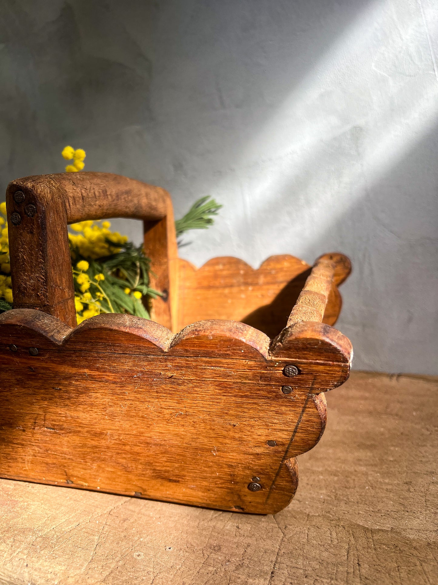 Rustic Handcrafted Scalloped Wooden Basket with Handle
