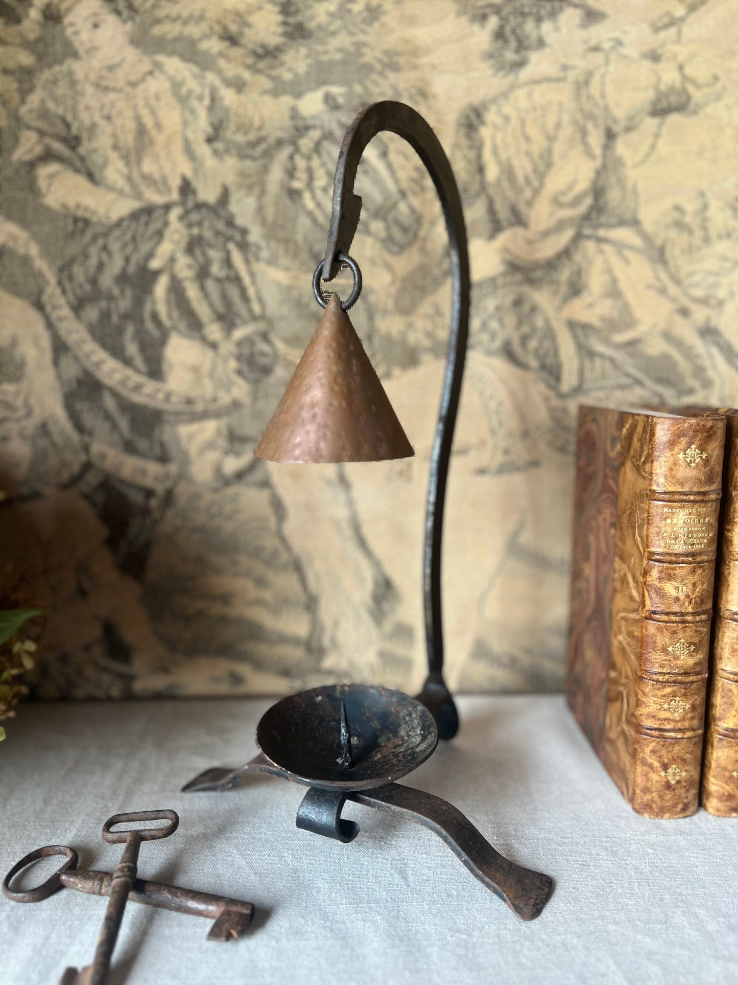 18th–19th Century French Wrought Iron Candleholder with Copper Snuffer