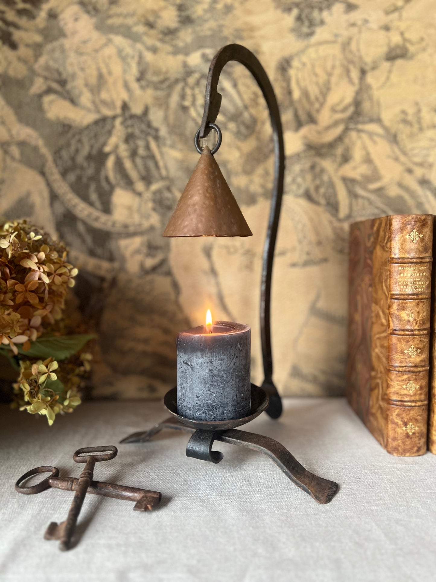 18th–19th Century French Wrought Iron Candleholder with Copper Snuffer
