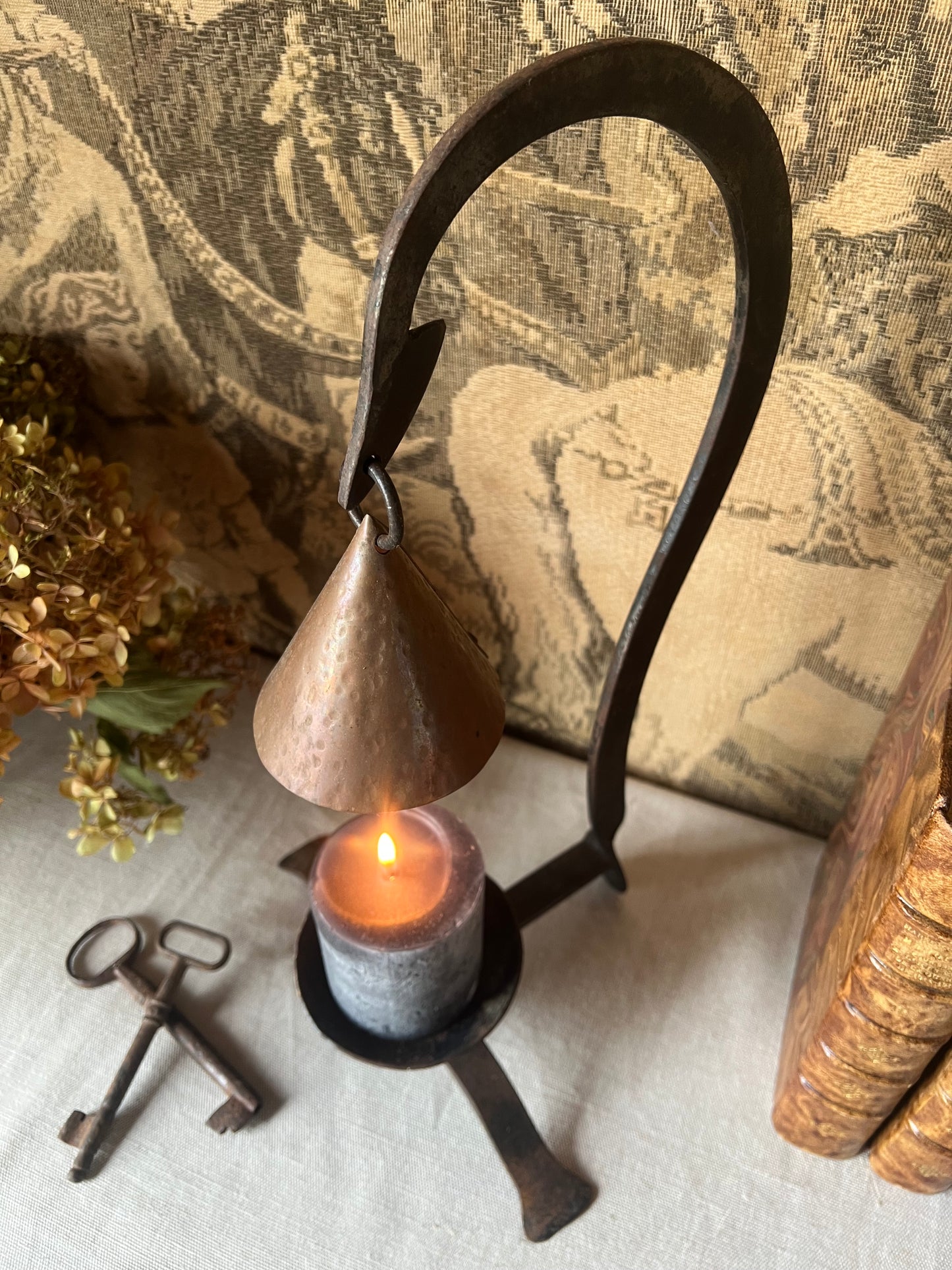 18th–19th Century French Wrought Iron Candleholder with Copper Snuffer