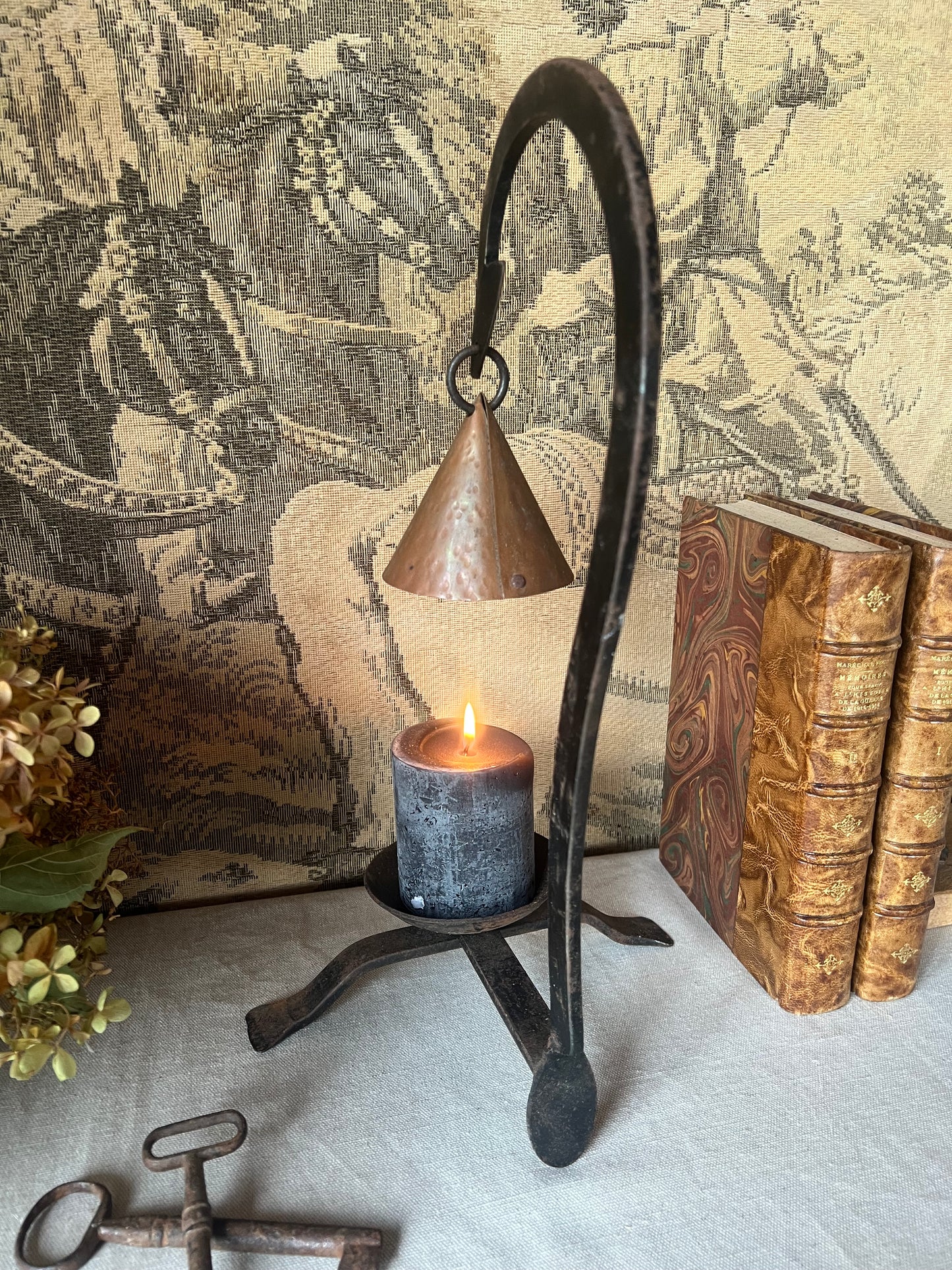 18th–19th Century French Wrought Iron Candleholder with Copper Snuffer