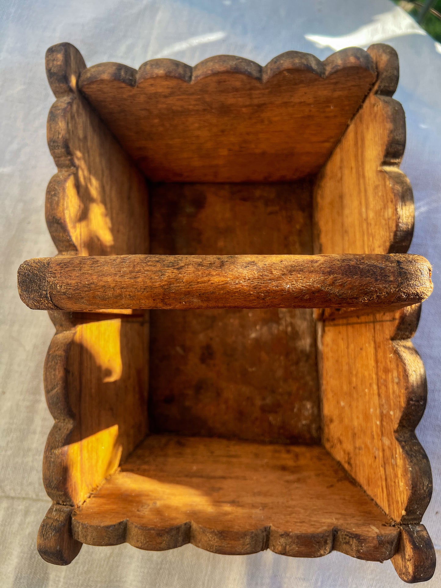 Rustic Handcrafted Scalloped Wooden Basket with Handle