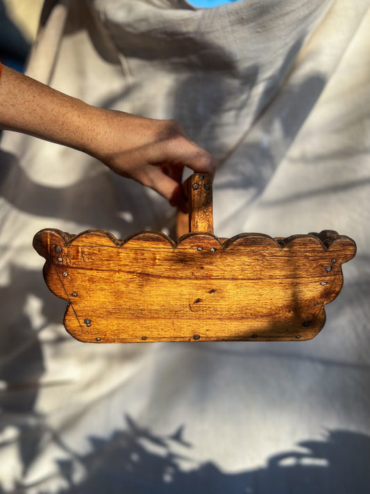 Rustic Handcrafted Scalloped Wooden Basket with Handle
