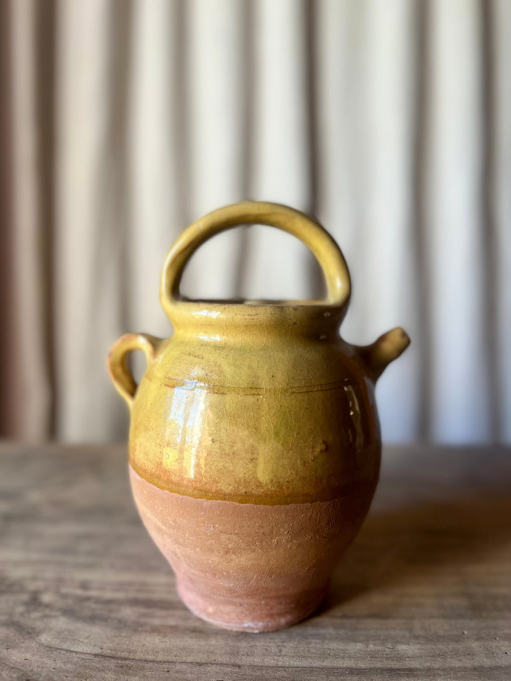 Small French Gargoulette Yellow Ceramic Water Jug