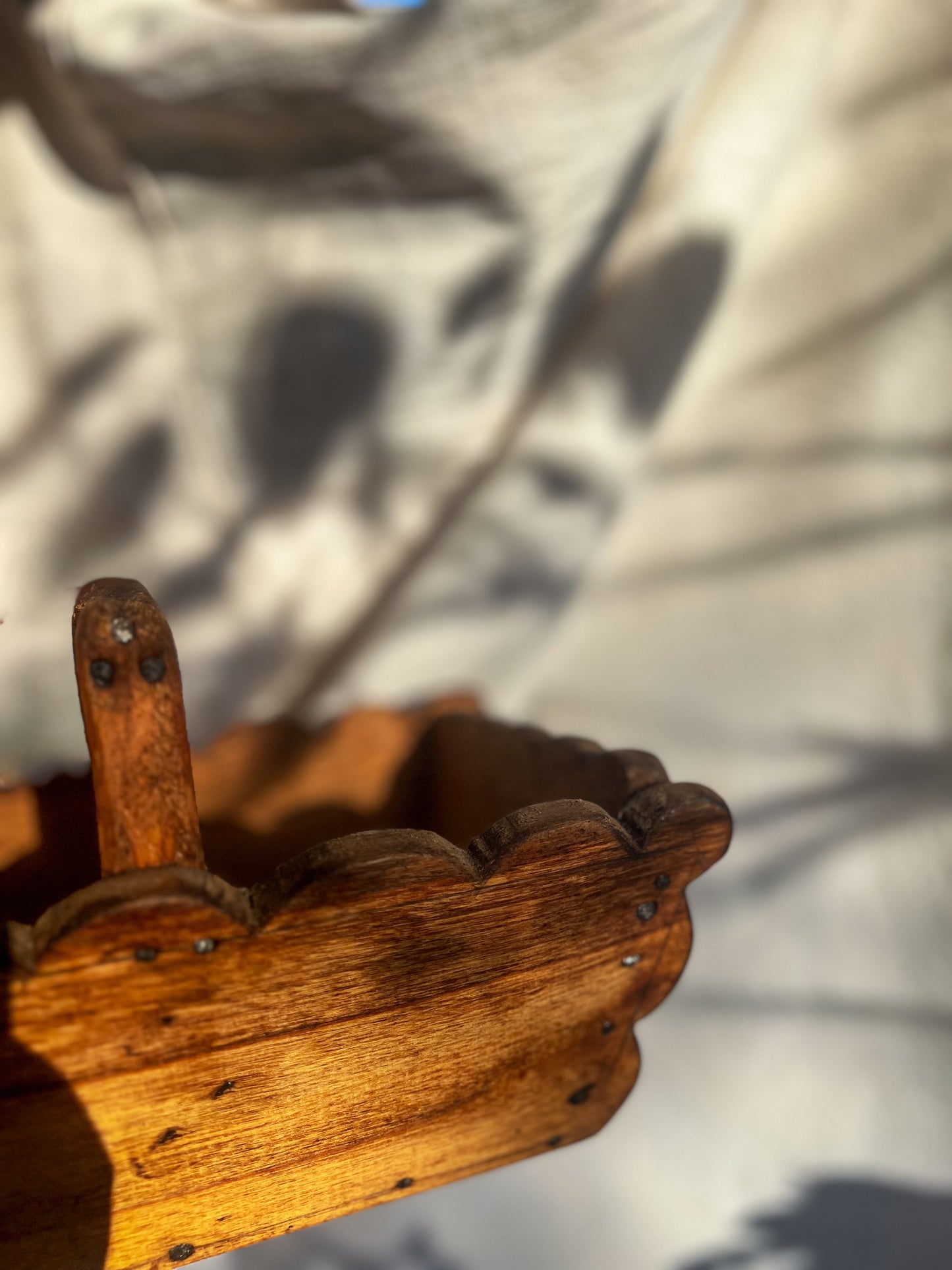 Rustic Handcrafted Scalloped Wooden Basket with Handle