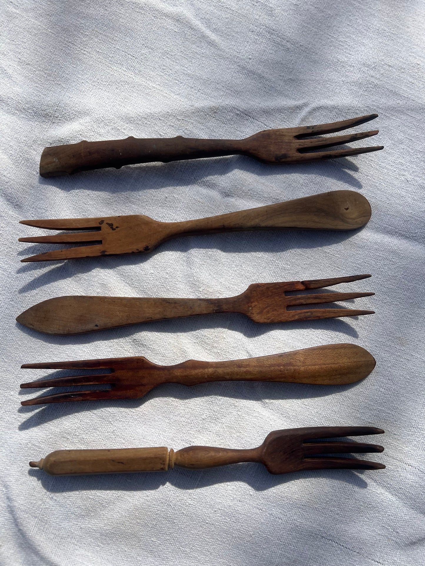 Set of 5 Hand-Carved Wooden Serving Forks