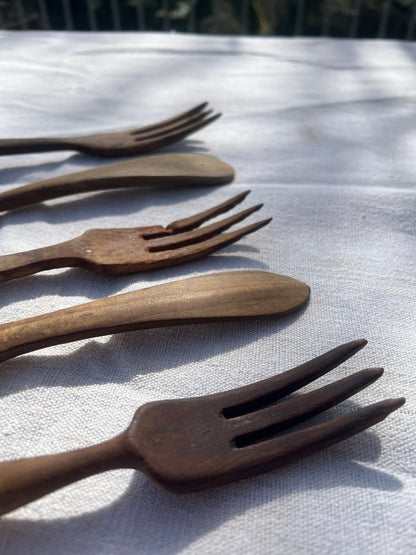 Set of 5 Hand-Carved Wooden Serving Forks