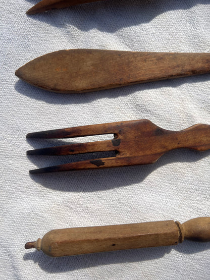 Set of 5 Hand-Carved Wooden Serving Forks