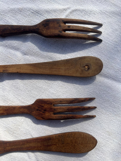Set of 5 Hand-Carved Wooden Serving Forks