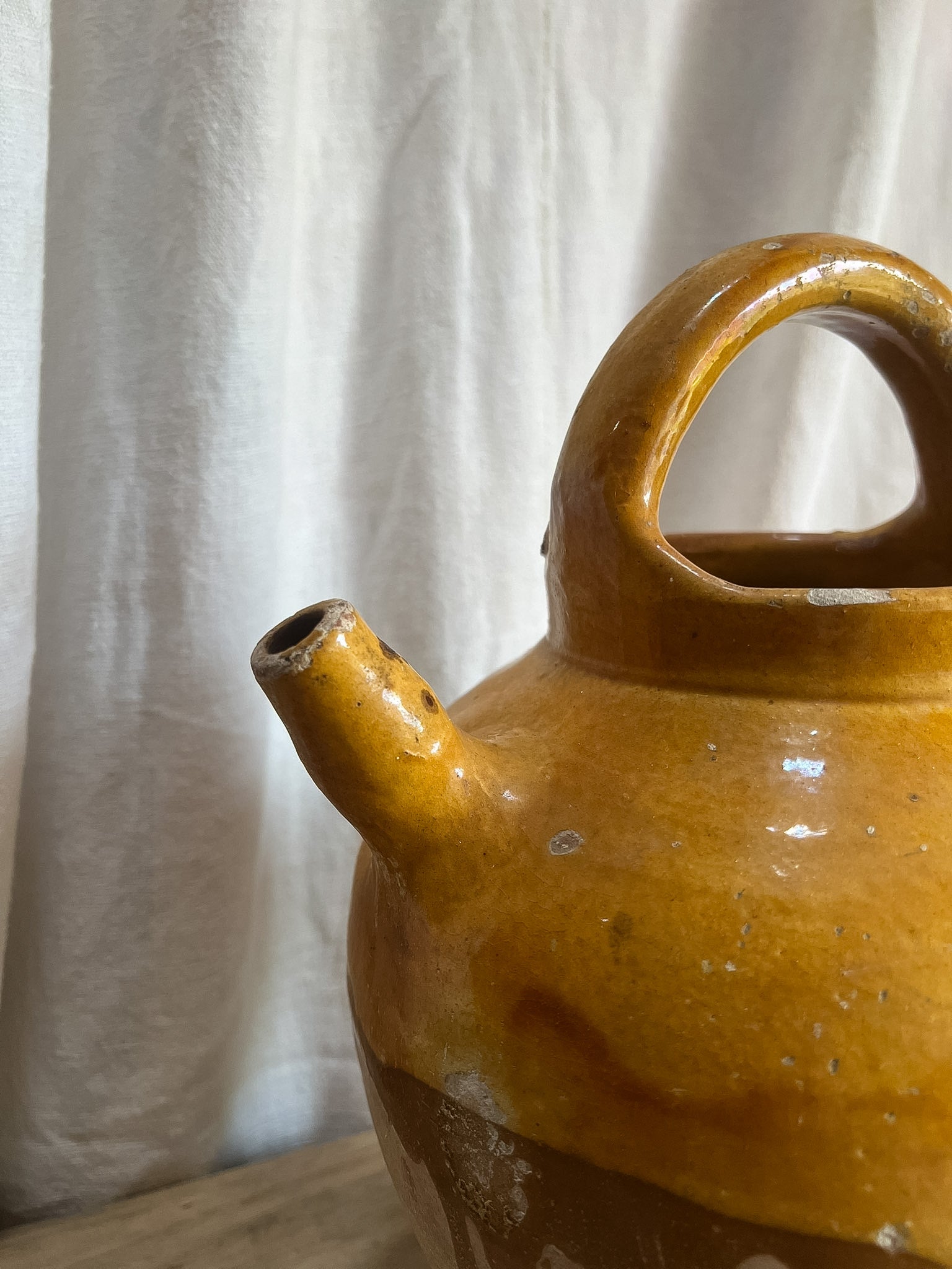Large Ochre Glazed Terracotta Water Jug (Cruche / Gargoulette) — 19th–Early 20th C.