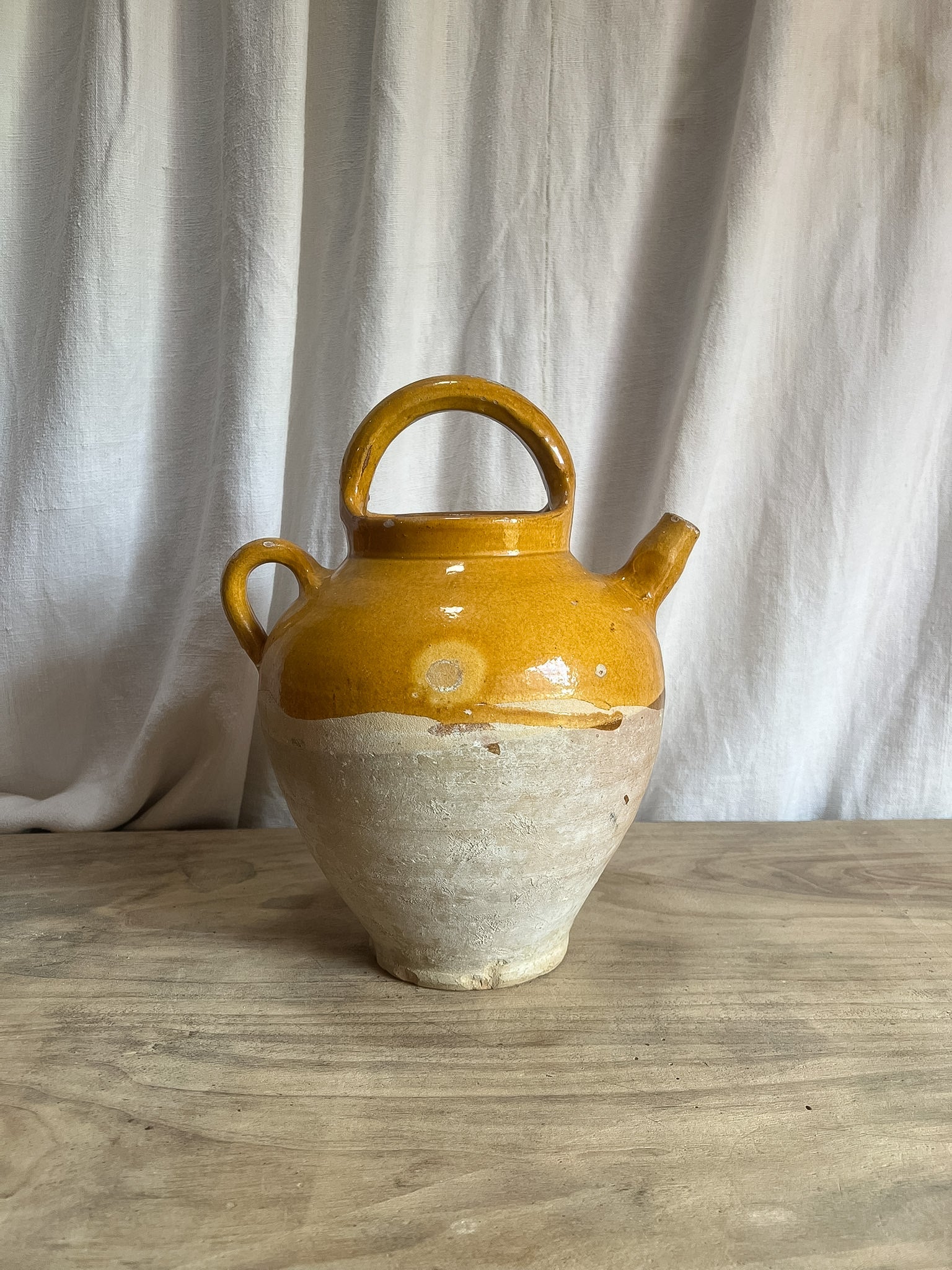 Large Ochre Glazed Terracotta Water Jug (Cruche / Gargoulette) — 19th–Early 20th C.