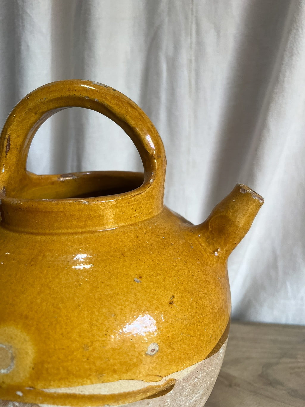 Large Ochre Glazed Terracotta Water Jug (Cruche / Gargoulette) — 19th–Early 20th C.