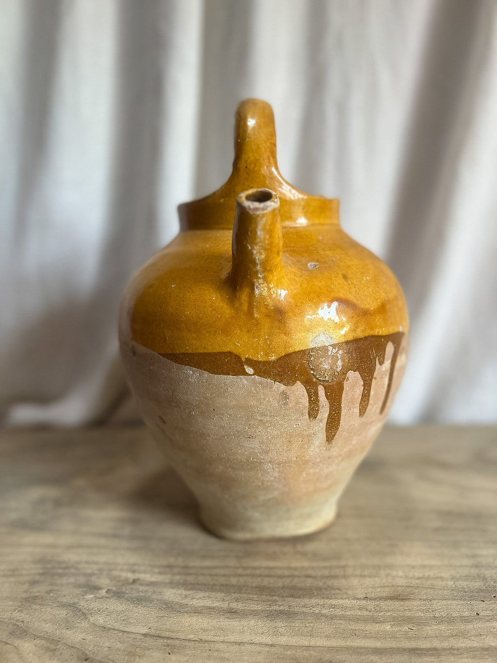 Large Ochre Glazed Terracotta Water Jug (Cruche / Gargoulette) — 19th–Early 20th C.