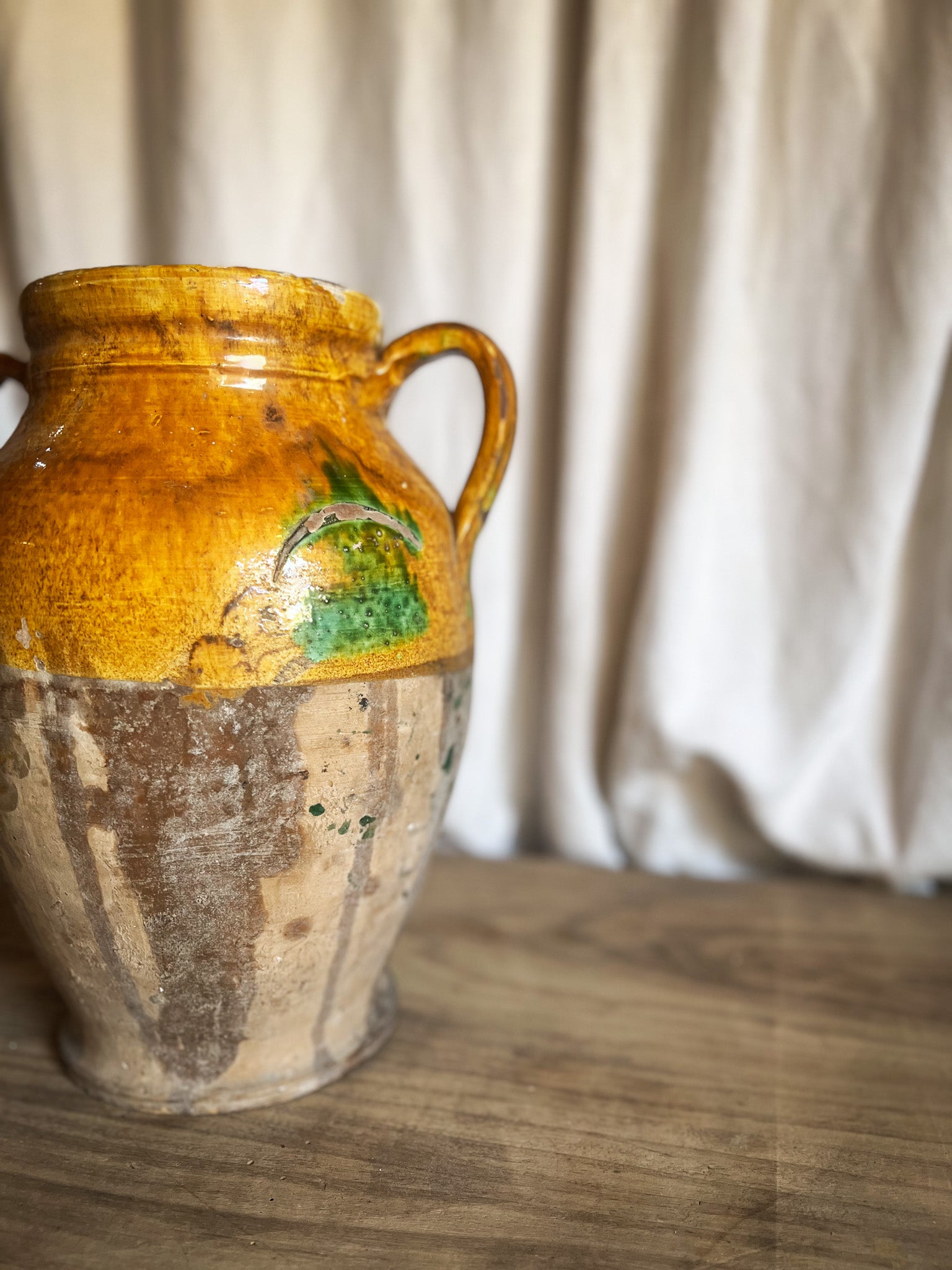 Glazed Terracotta Amphora with Green Splash — Italian