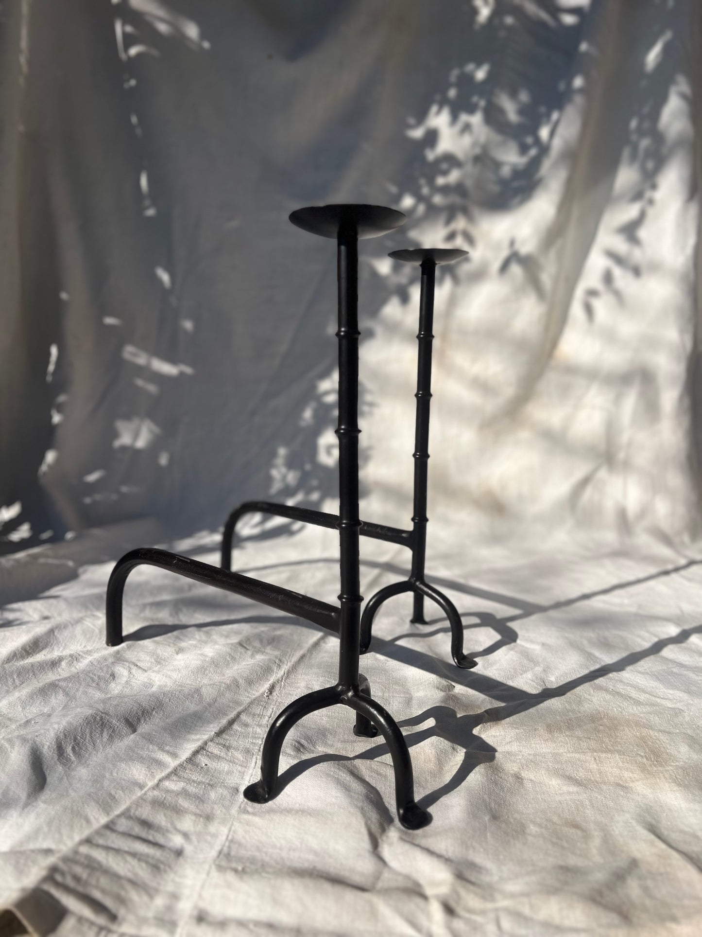 Pair of French Andirons Hand-Forged Iron Candleholders