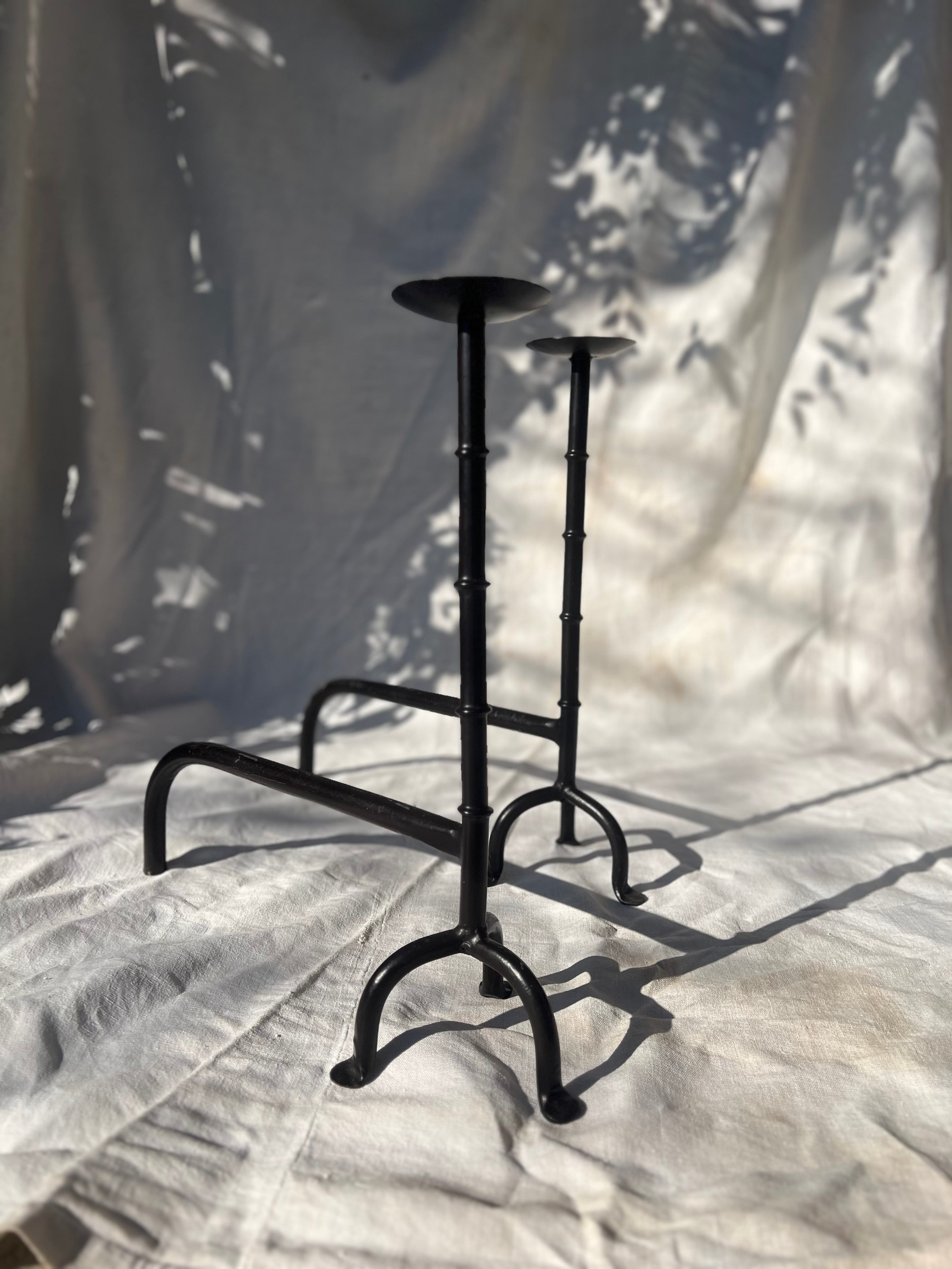 Pair of French Andirons Hand-Forged Iron Candleholders