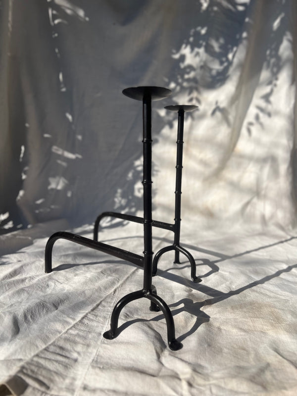 Pair of French Andirons Hand-Forged Iron Candleholders