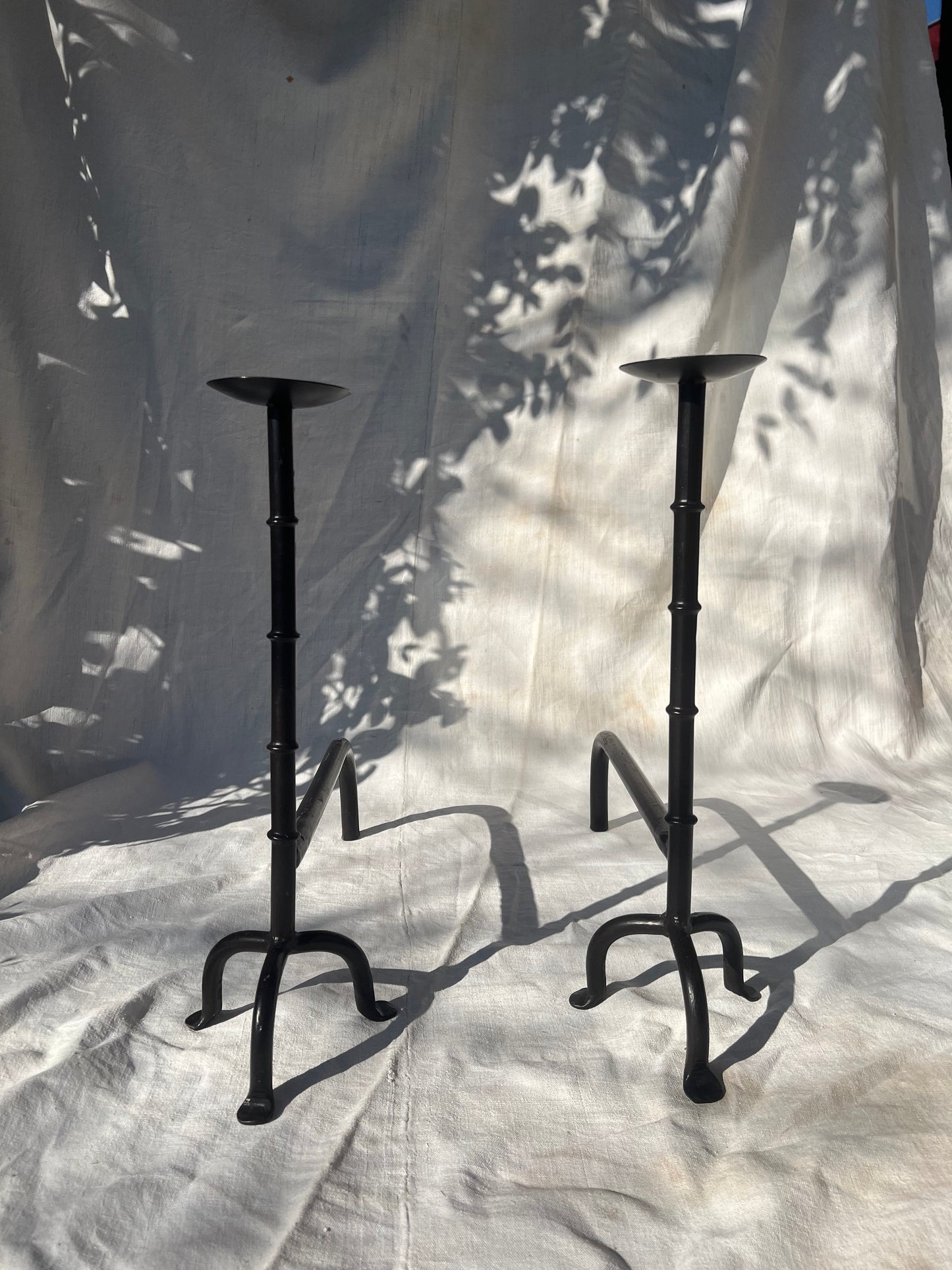 Pair of French Andirons Hand-Forged Iron Candleholders