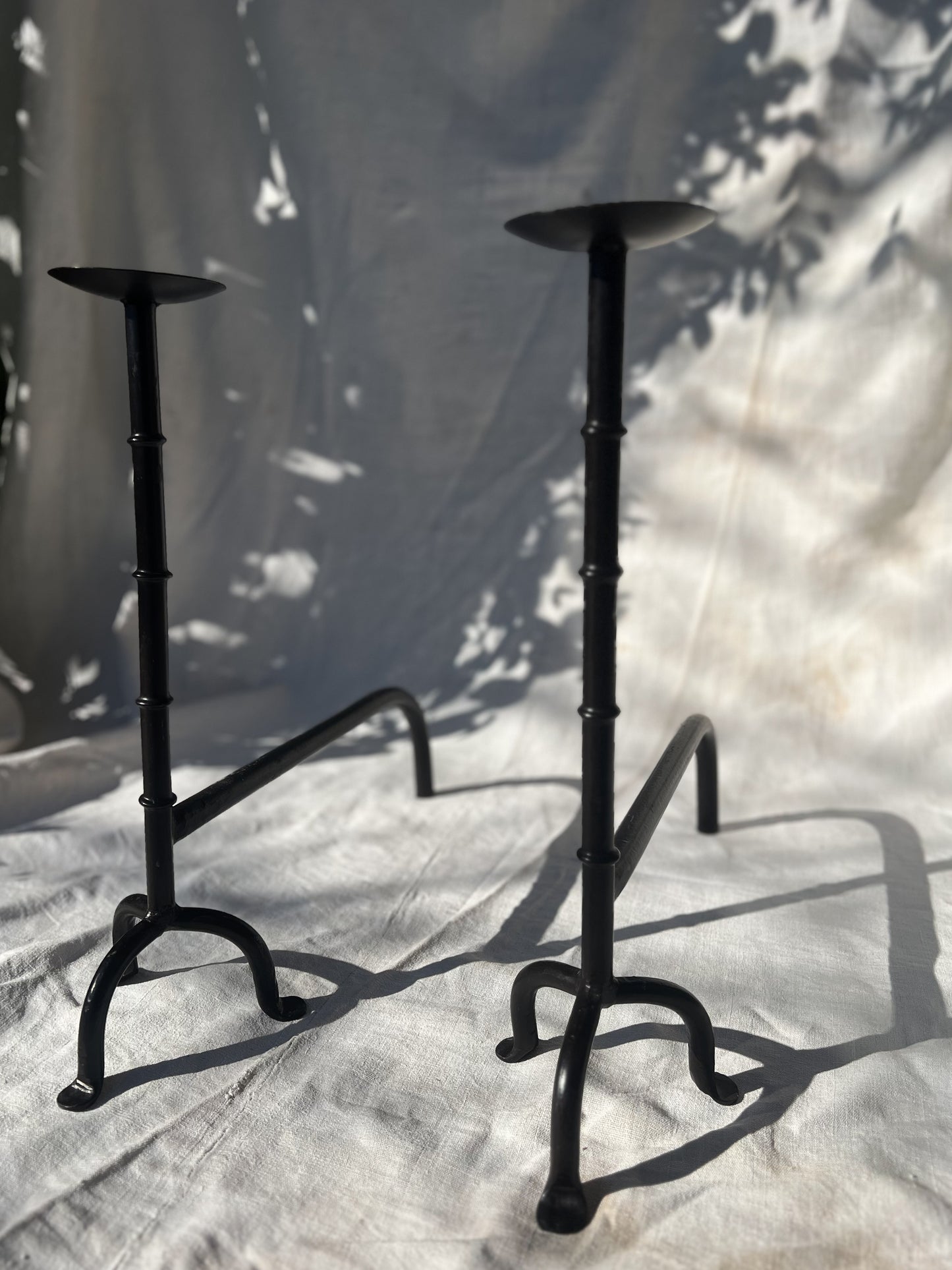 Pair of French Andirons Hand-Forged Iron Candleholders